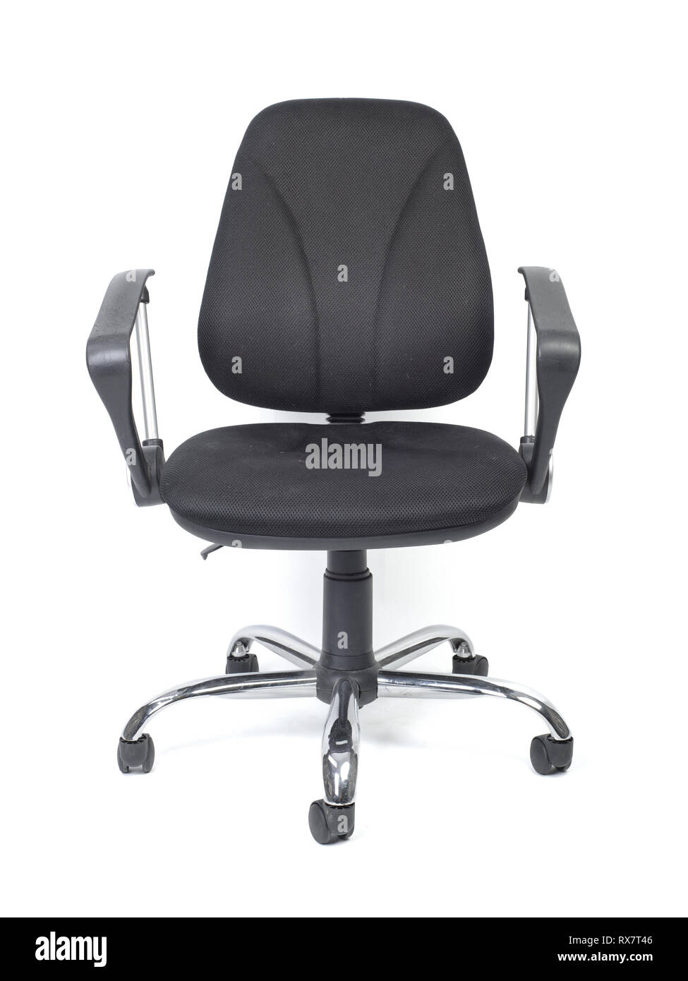 Black cloth office chair with wheels isolated on white background Stock