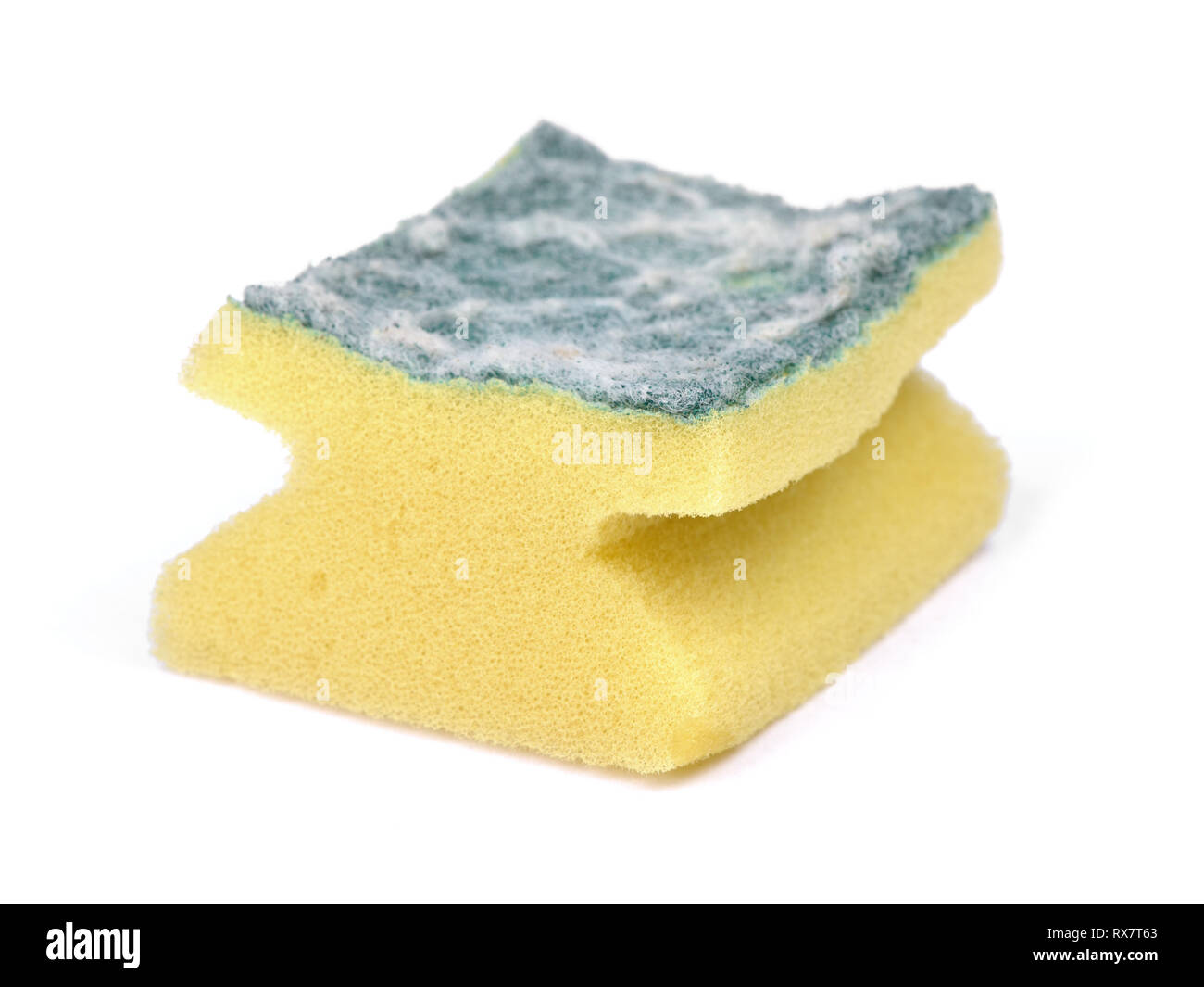 Old and dirty kitchen dish washing sponge isolated on white backgrounnd, Fiber Absorbent Yellow