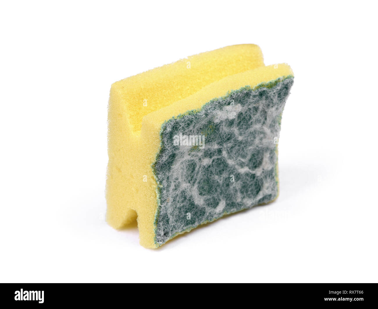 Old and dirty kitchen dish washing sponge isolated on white backgrounnd