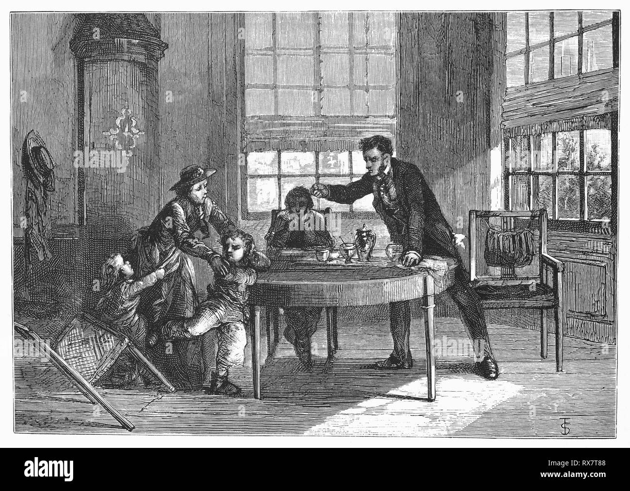 Hildebrand finds Dr Deluw threatening his screaming 6 year old son, his wife white with fear, trying to calm the boy, while a little five-year-old girl clung to her. Watching it all with amusement is a  boy of thirteen years sitting at the table with a book in front of him.  From the Camera Obscura, a 19th Century collection of Dutch humorous-realistic essays, stories and sketches in which Hildebrand, the author, takes an ironic look at the behavior of the 'well-to-do', finding  them bourgeois and without a good word for them. Stock Photo