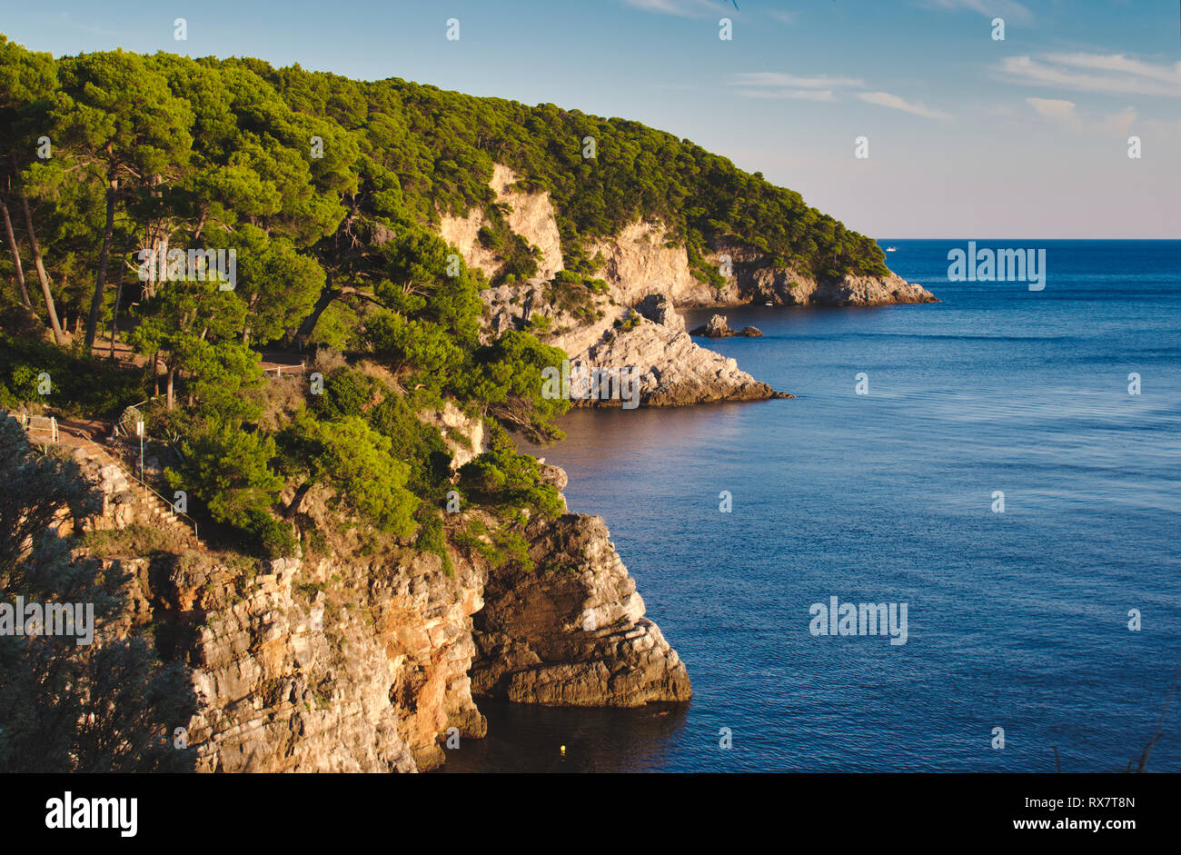 Cliff face with forest trees on a Mediterranean island with blue sea and sky Stock Photo