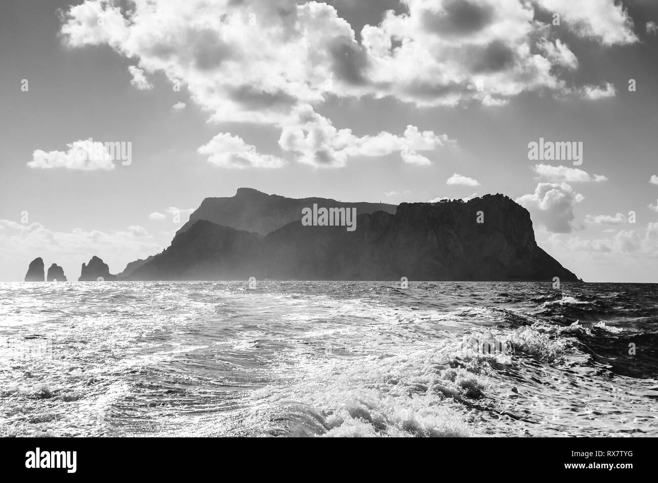 The Faraglioni of Capri island silhouette black and white effect, Italy Stock Photo