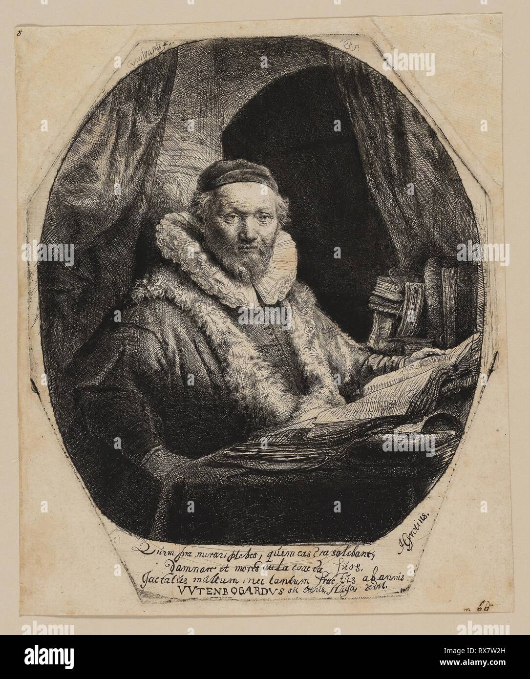 Jan Uytenbogaert, Preacher of the Remonstrants. Rembrandt van Rijn; Dutch, 1606-1669. Date: 1634-1635. Dimensions: 225 x 187 mm (image/plate); 239 x 197 mm (sheet). Etching and drypoint in black on buff laid paper. Origin: Holland. Museum: The Chicago Art Institute. Author: REMBRANDT HARMENSZOON VAN RIJN. Stock Photo