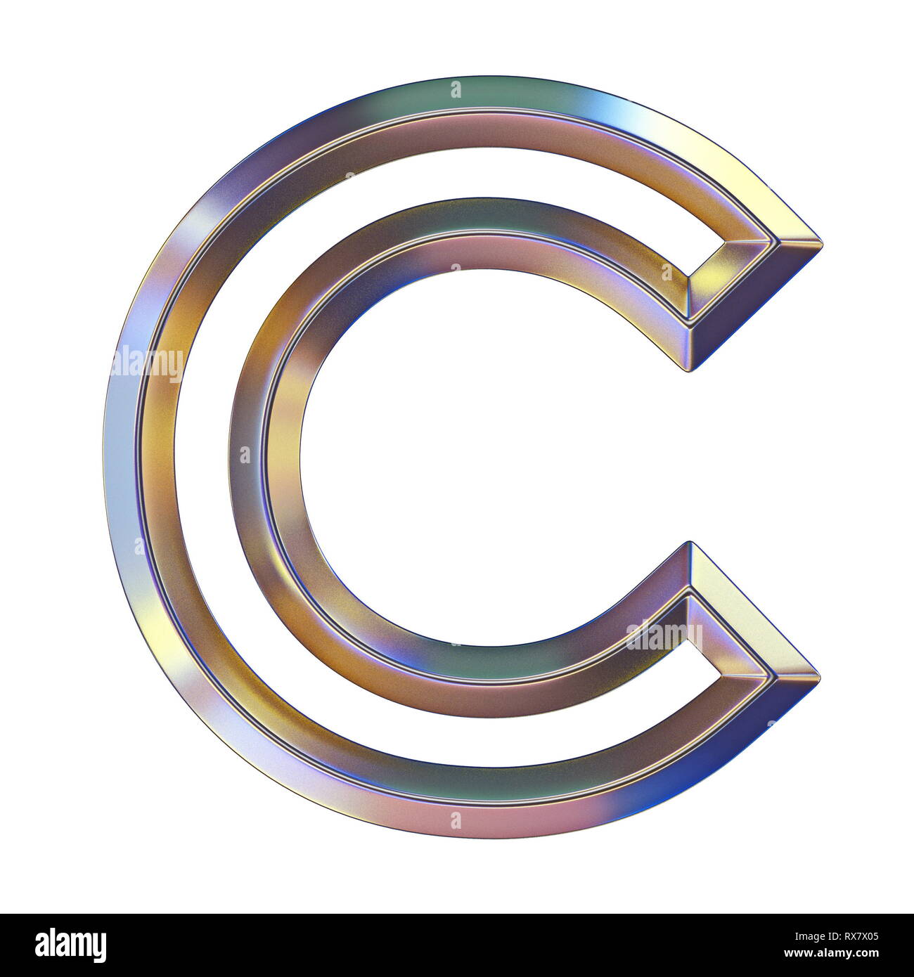 Chrome font with colorful reflections Letter C 3D render illustration isolated on white background Stock Photo