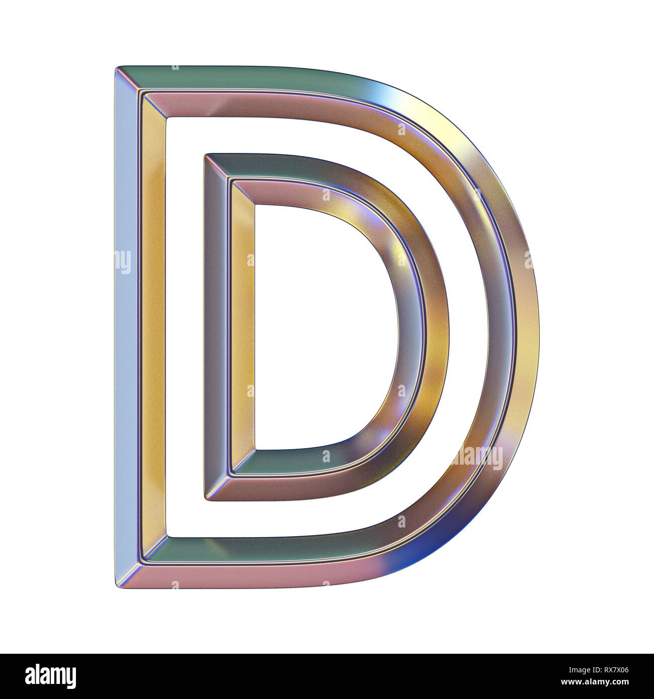 Chrome font with colorful reflections Letter D 3D render illustration isolated on white background Stock Photo