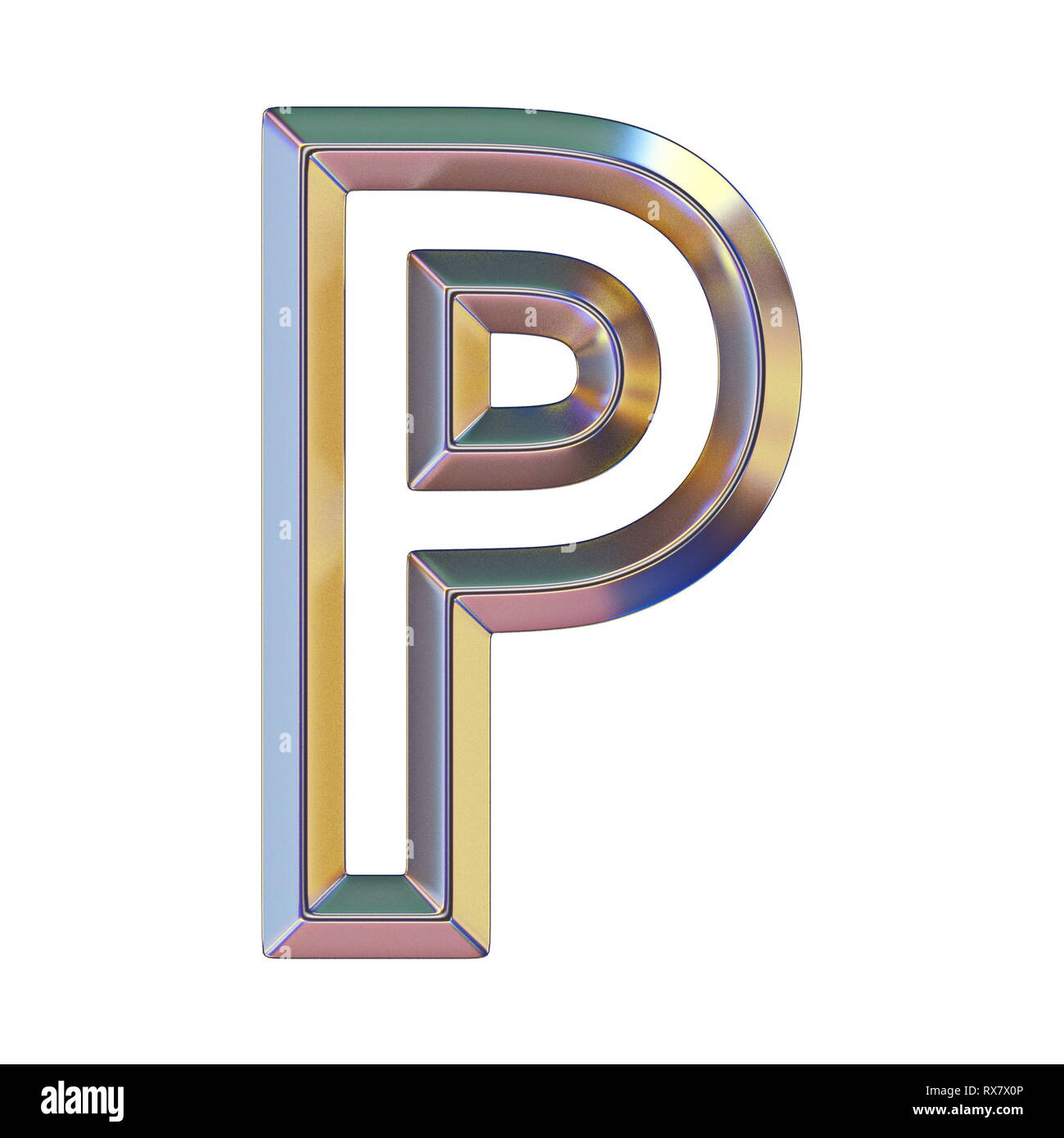 Chrome font with colorful reflections Letter P 3D render illustration isolated on white background Stock Photo