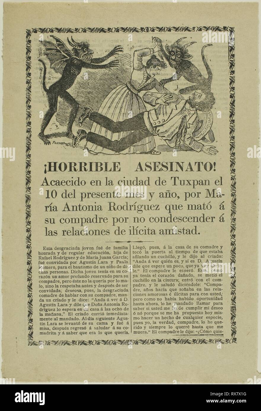 Horrible Murder! Túxpan. José Guadalupe Posada; Mexican, 1852-1913. Date: 1905-1915. Dimensions: . Relief engraving on wove paper. Origin: Mexico. Museum: The Chicago Art Institute. Stock Photo