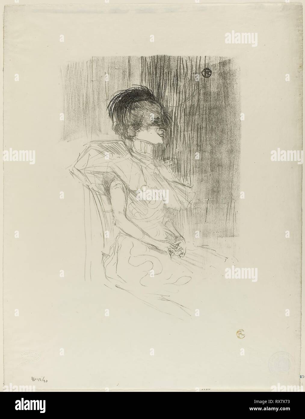 Lender Seated. Henri de Toulouse-Lautrec; French, 1864-1901. Date: 1895. Dimensions: 354 × 244 mm (image); 514 × 399 mm (sheet). Lithograph on ivory wove paper. Origin: France. Museum: The Chicago Art Institute. Stock Photo