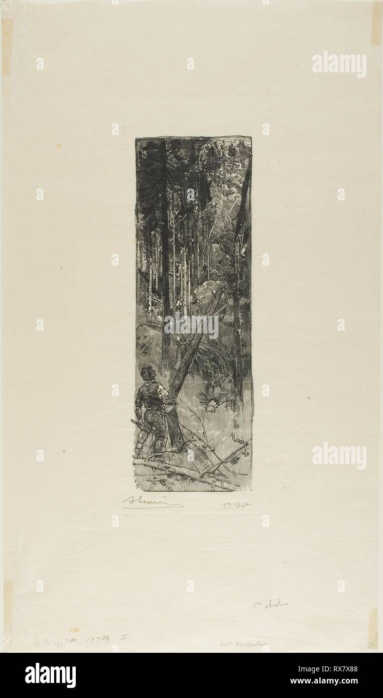Falling Pines. Louis Auguste Lepère (French, 1849-1918); published by A. Desmoulins (French, active c. 1908-1910). Date: 1908. Dimensions: 208 × 71 mm (image); 382 × 222 mm (sheet). Wood engraving in black on cream laid Japanese paper. Origin: France. Museum: The Chicago Art Institute. Stock Photo