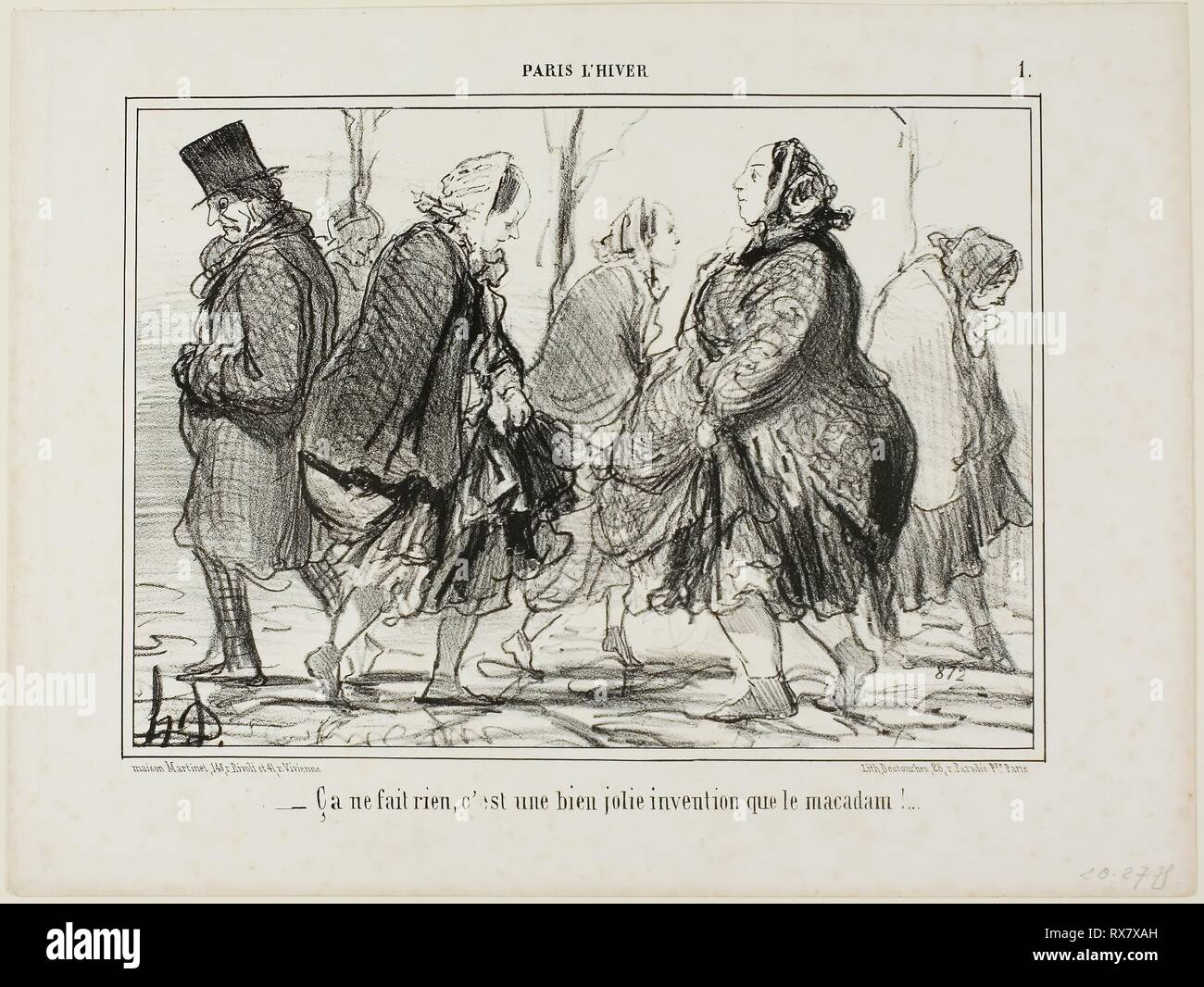 '- That's quite alright... isn't asphalt a marvellous invention?,' plate 1 from Paris L'hiver. Honoré Victorin Daumier; French, 1808-1879. Date: 1856. Dimensions: 186 × 261 mm (image); 259 × 343 mm (sheet). Lithograph in black on white wove paper. Origin: France. Museum: The Chicago Art Institute. Author: Honoré-Victorin Daumier. Stock Photo