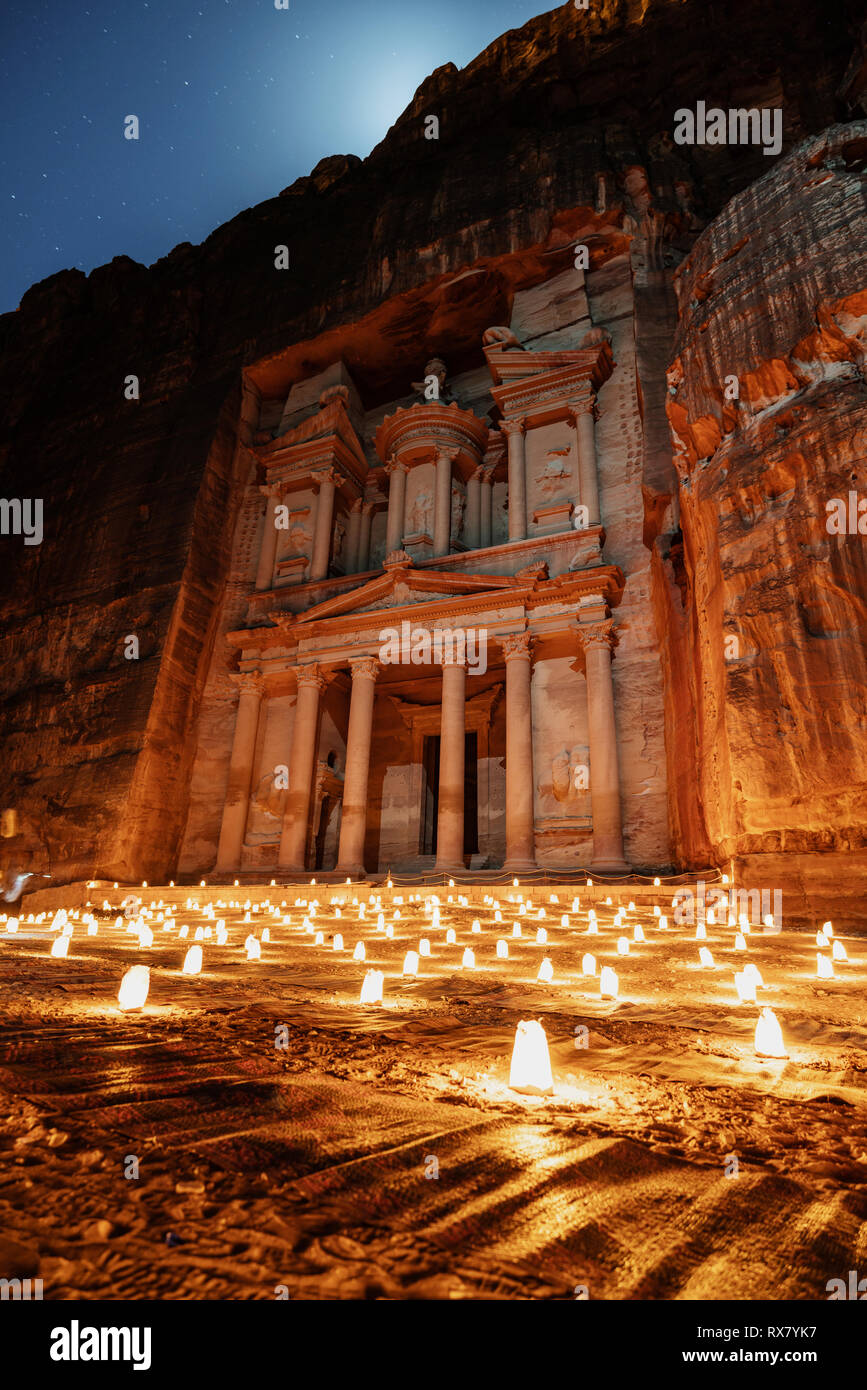 Petra by night, Treasury ancient architecture in canyon, Petra in Jordan Stock Photo