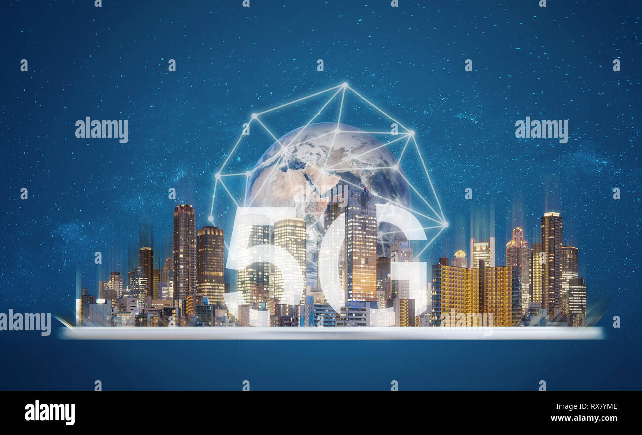 5G internet networking technology, Digital tablet with building hologram and 5G technology. Element of this image are furnished by NASA Stock Photo