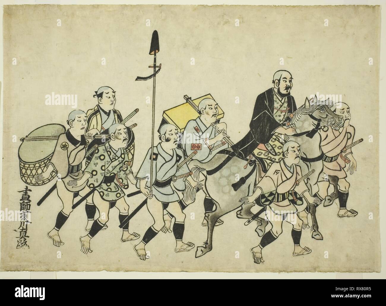 Procession of a Daimyo. Hishikawa Moronobu; Japanese, (?)-1694. Date: 1676-1689. Dimensions: 27.2 x 38.5 cm. Hand-colored woodblock print; oban yoko-e, sumizuri-e. Origin: Japan. Museum: The Chicago Art Institute. Stock Photo
