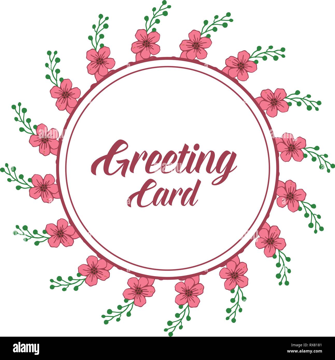 Vector illustration greeting card with frame flower pink leaf green ...