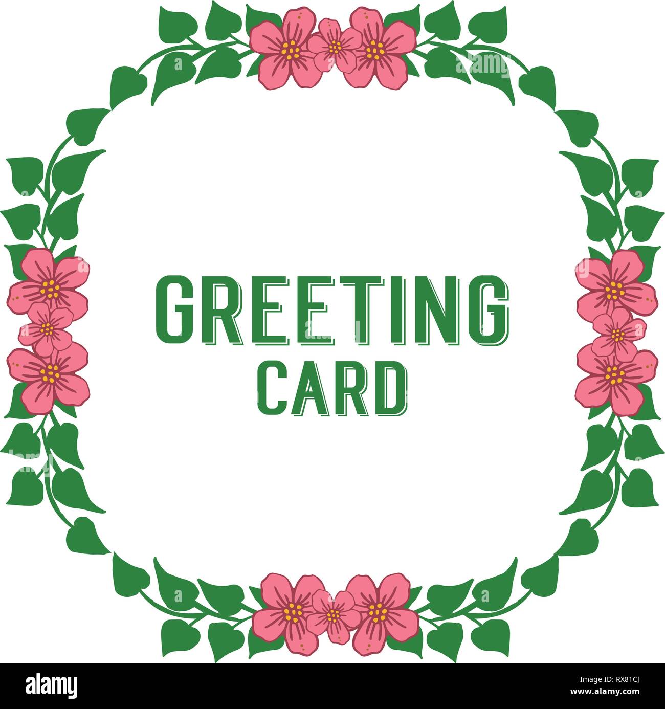 Vector illustration greeting card with frame flower pink leaf green ...