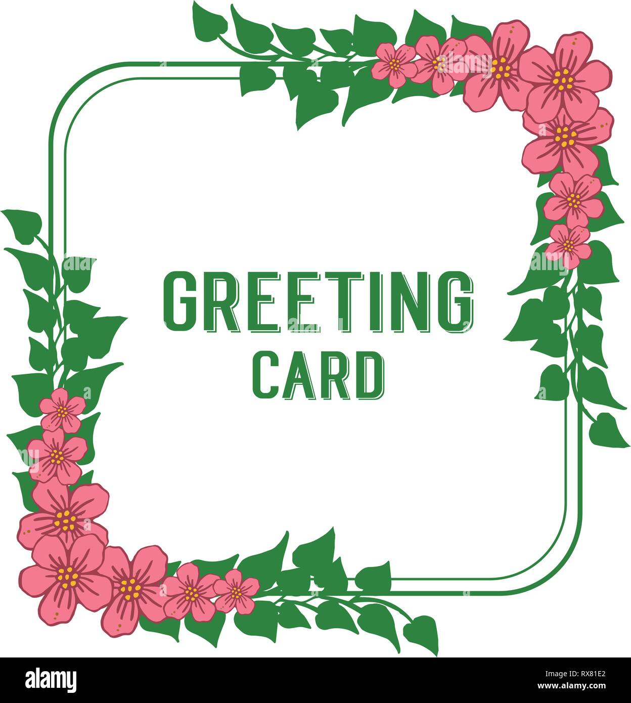 Vector illustration greeting card with frame flower pink leaf green ...