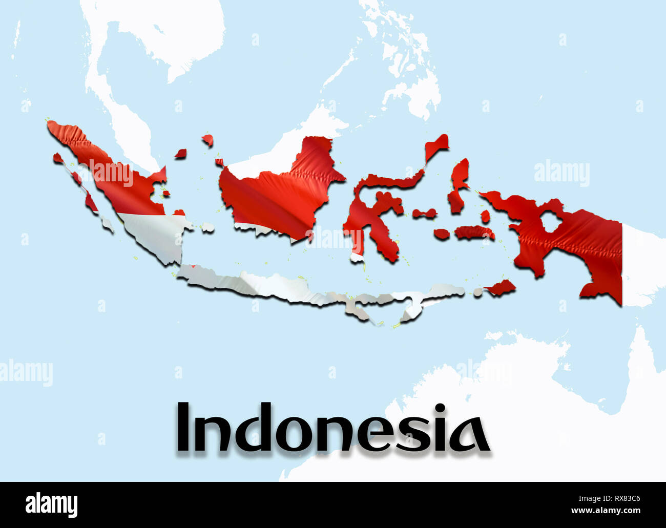 Flag Map of Indonesia. 3D rendering Indonesia map and flag on Asia map. The national symbol of Indonesia. Jakarta flag map background image download H Stock Photo