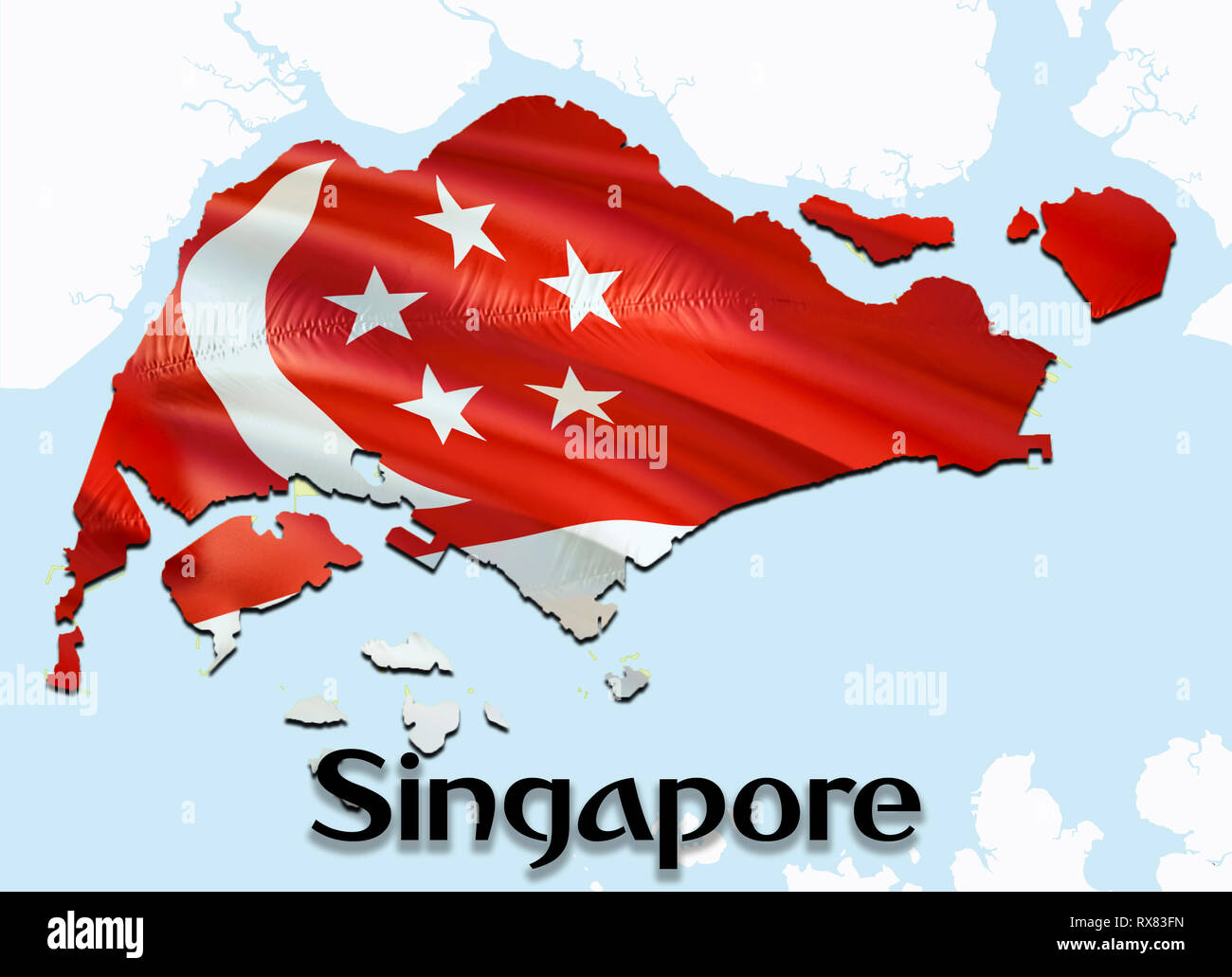Flag Map of Singapore. 3D rendering Singapore map and flag on Asia map. The national symbol of Singapore. Singaporeans flag map background image downl Stock Photo