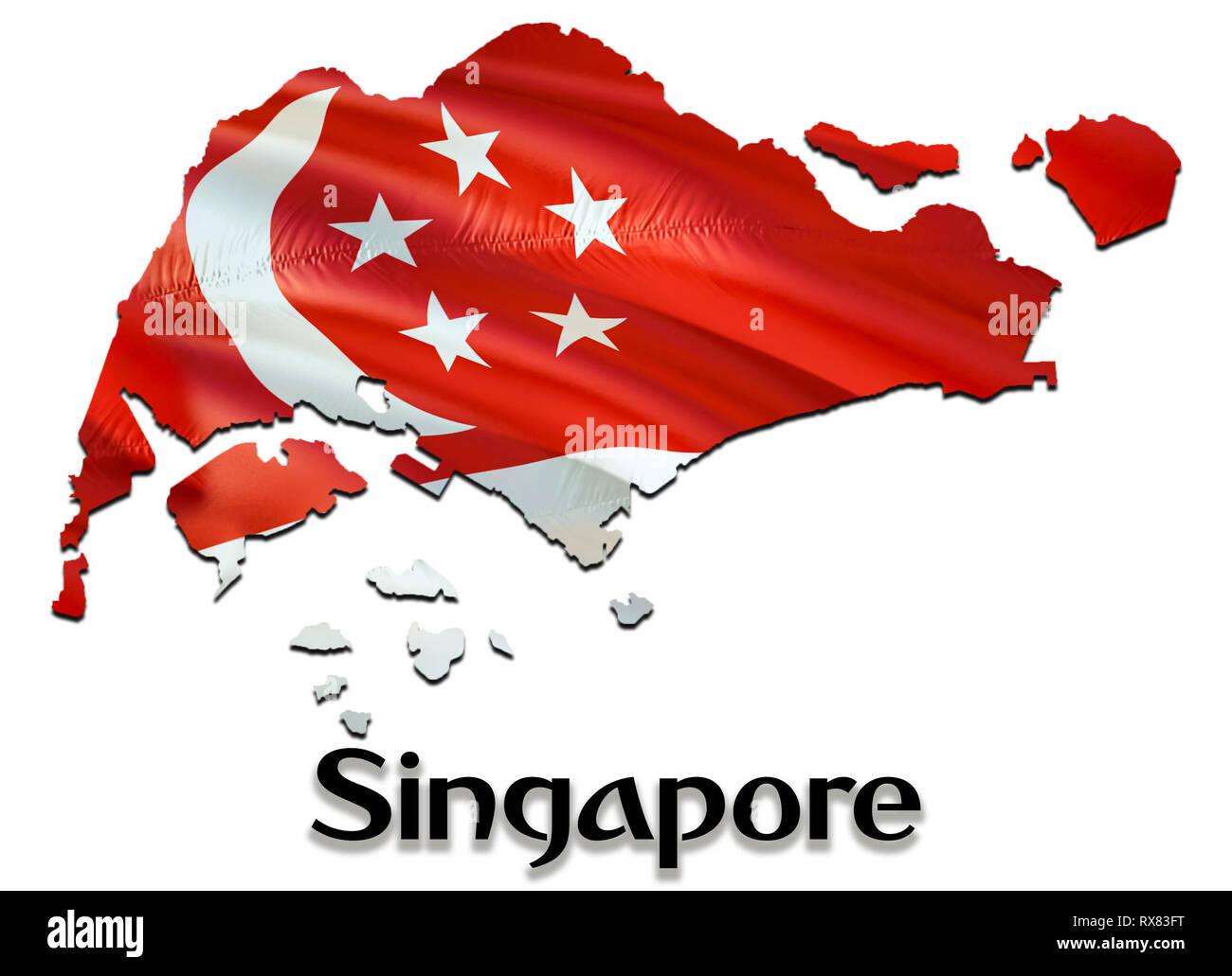 Singapore Map Flag. 3D rendering Singapore map and flag on Asia map. The national symbol of Singapore. Singaporeans flag on Asia background. National  Stock Photo