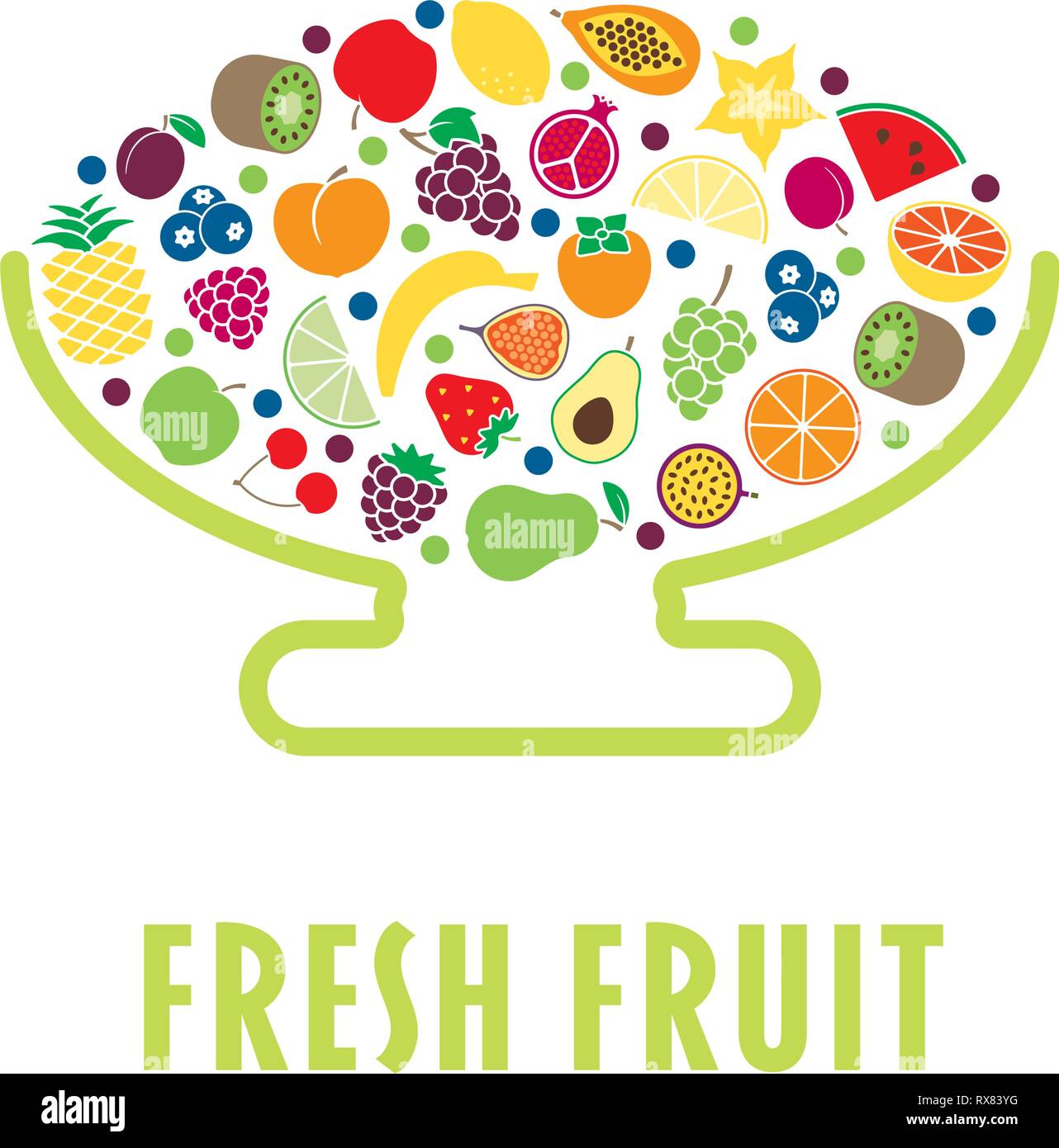 Stylised bowl with a variety of fruit flat vector illustration Stock ...
