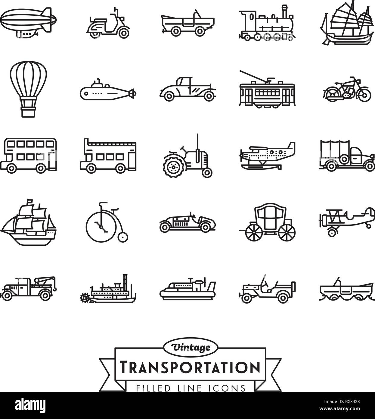 Collection of vintage transportation vehicles vector icons. Flat Outline Style. Stock Vector