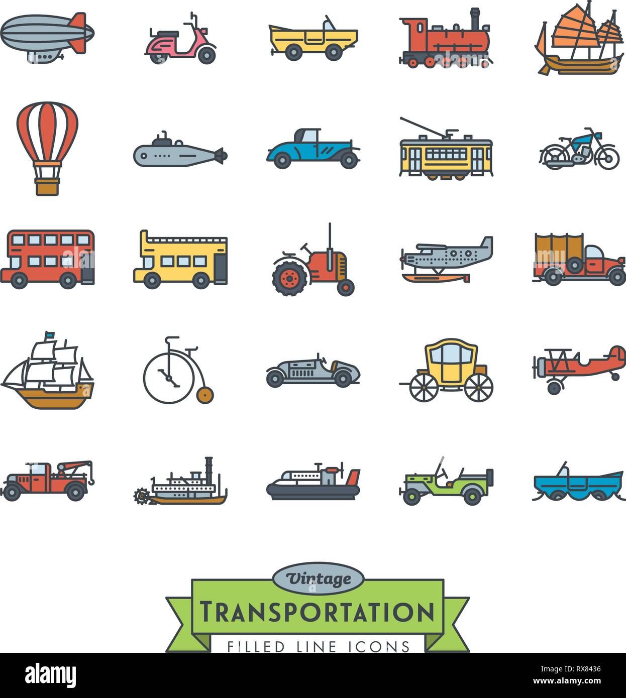 Collection of vintage transportation vehicles vector icons. Filled Outline Style. Stock Vector