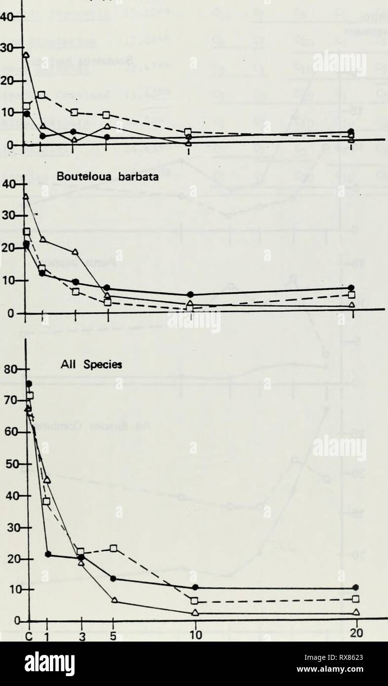 The Effects of disturbance on The Effects of disturbance on desert soils, vegetation, and community processes with emphasis on off-road vehicles : a critical review effectsofdisturb00rowl Year: 1980  FIGURE 6.2 AVERAGE DENSITIES OF SUMMER ANNUALS Among Treatments Across Three Sites Stoddard Valley September 1978 • • Compacted 3 days after Rain D--0 Compacted 10 days after Rain Compacted 21 days after Rain Pectis papposa 40-- E a c a  to - &lt;   Number of Passes Stock Photo