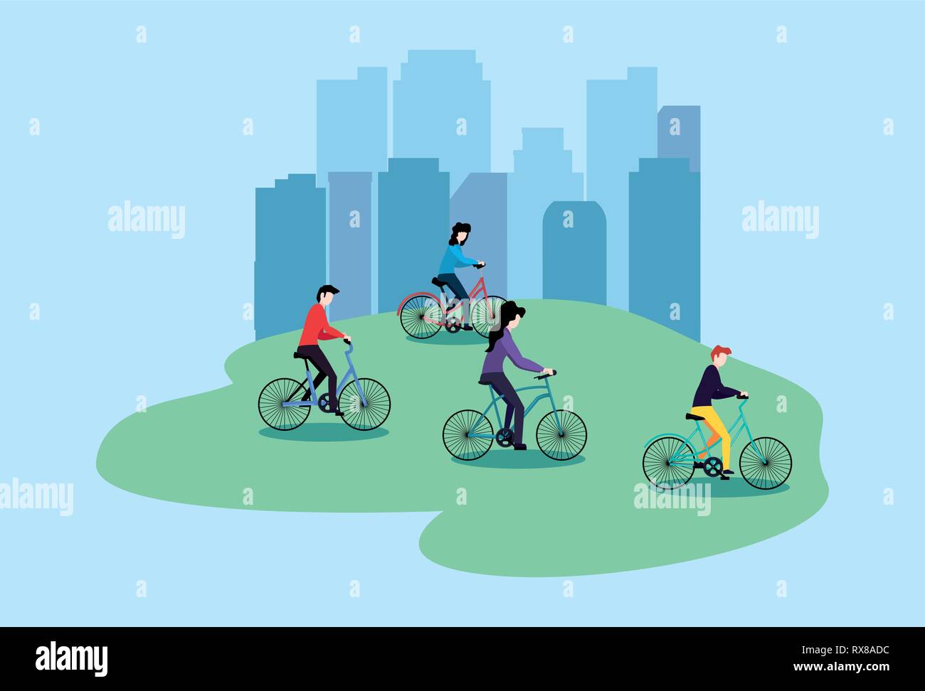 people riding bikes in the park city activities vector illustration ...
