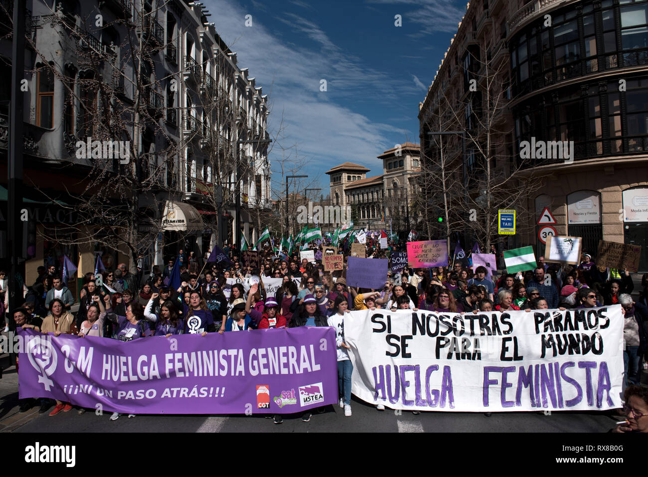 Students seen demonstrating with banners along Gran Via street during the strike. Spanish people celebrate International Women's Day with a women's general strike against gender violence. Stock Photo