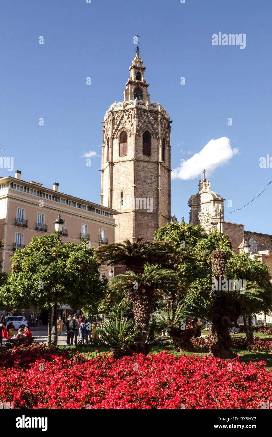 Spain Valencia Cathedral Tower, middle ages El Micalet tower view from Plaza de la Reina Valencia Old Town spring flowers Stock Photo