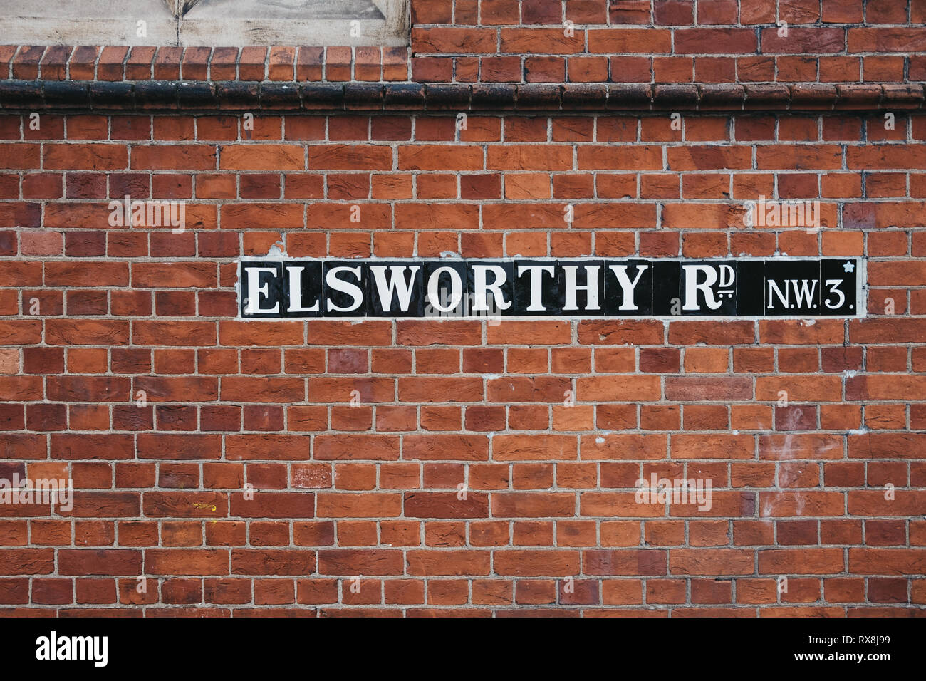 London, UK - February 16, 2019: Street name sign on Elsworthy Road, Primrose Hill, an upscale area of North London that got its name from the famous P Stock Photo