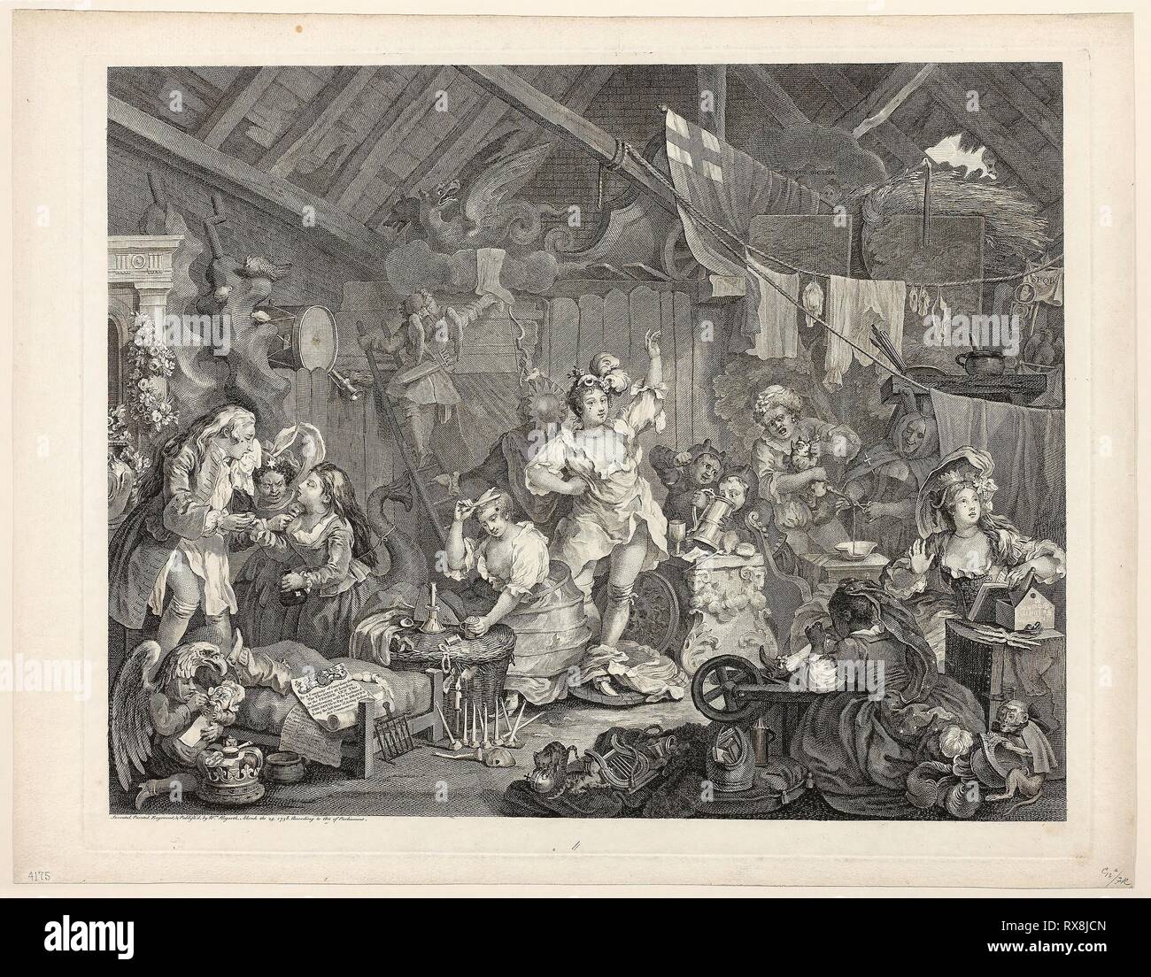 Strolling Actresses Dressing in a Barn. William Hogarth; English, 1697-1764. Date: 1738. Dimensions: 423 × 538 mm (image); 450 × 561 mm (plate); 493 × 628 mm (sheet). Engraving in black on ivory laid paper. Origin: England. Museum: The Chicago Art Institute. Stock Photo