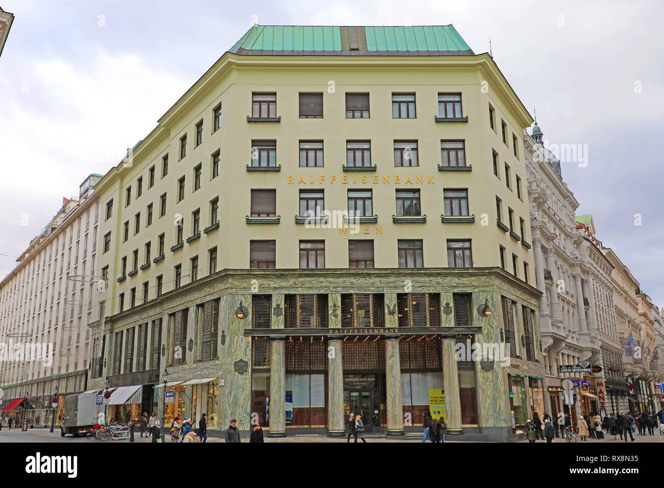 VIENNA, AUSTRIA - JANUARY 8, 2019: Facade of the Looshaus, designed by architect Adolf Loos, in Vienna, now housing a branch of the Raiffeisen Bank Stock Photo