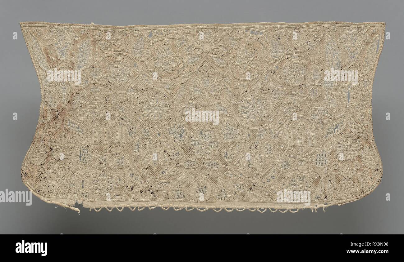 Coif. England. Date: 1601-1625. Dimensions: 21 × 40 cm (8 1/4 × 15 3/4 in.). Linen, plain weave; cut and drawn work in antique hem, double-rowed openwork, interlocking lace, overcast, and satin stitches; darned and overcast bars; darned and woven wheels; darned squares; woven picots; embroidered with silk and linen in bullion, satin and square chain stitches; buttonhole wheels and eyelet holes; edged with buttonhole loops. Origin: England. Museum: The Chicago Art Institute. Stock Photo