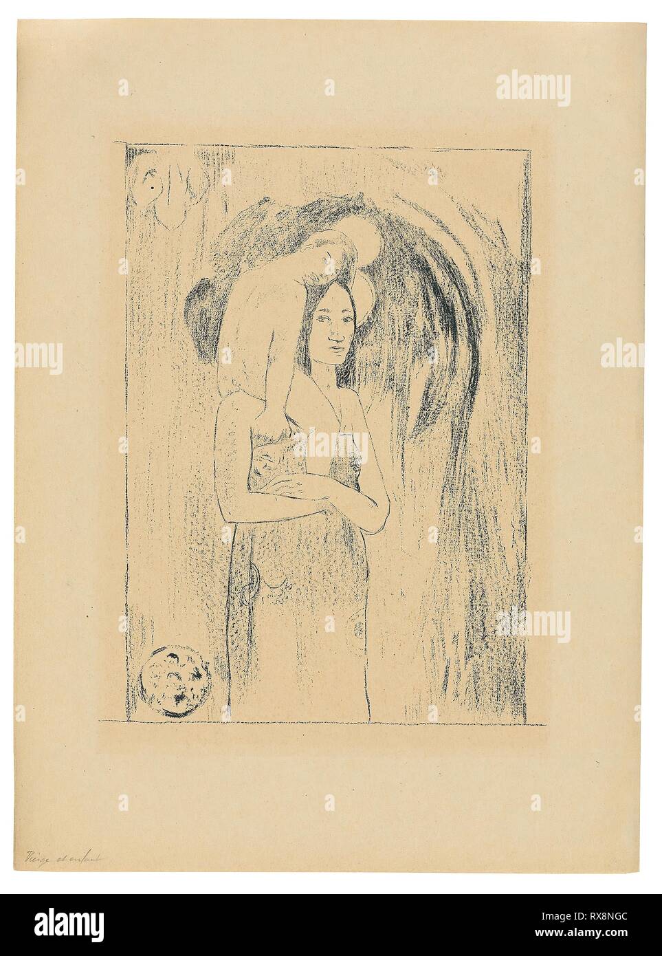Ia orana Maria (Hail Mary). Paul Gauguin; French, 1848-1903. Date: 1894-1895. Dimensions: 257 × 186 mm (image); 381 × 281 mm (sheet). Transfer zincograph on coarse-grained transfer paper, in dark-blue ink on cream wove paper (an imitation Japanese vellum). Origin: France. Museum: The Chicago Art Institute. Stock Photo