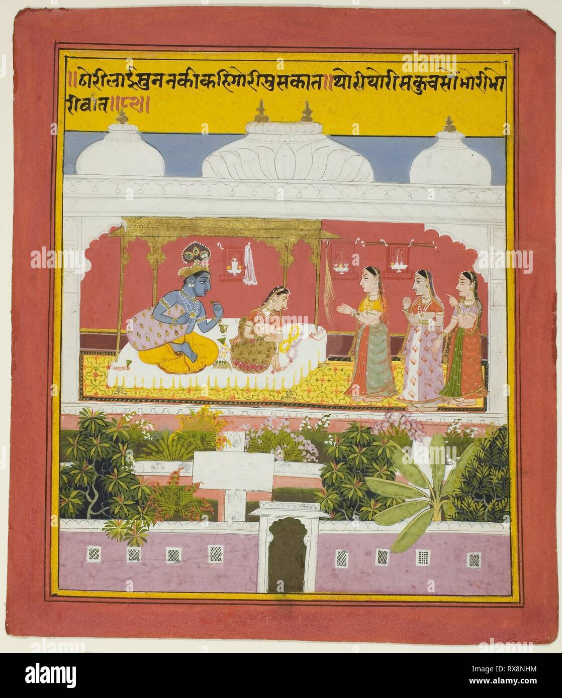 Krishna and Radha in a Pavilion, page from a copy of the Sat Sai Seven Hundred Verses). India; Rajasthan, Mewar. Date: 1714-1724. Dimensions: Image: 21.1 x 17.6 cm; Border: 22.2 x 18.7 cm; Paper: 25.1 x 21.5 cm  (Image: 8 1/4 x 6 7/8 in.; Border: 8 3/4 x 7 3/8 in.; Paper: 9 7/8 x 8 1/2 in.). Opaque watercolor and gold on paper. Origin: India. Museum: The Chicago Art Institute. Stock Photo