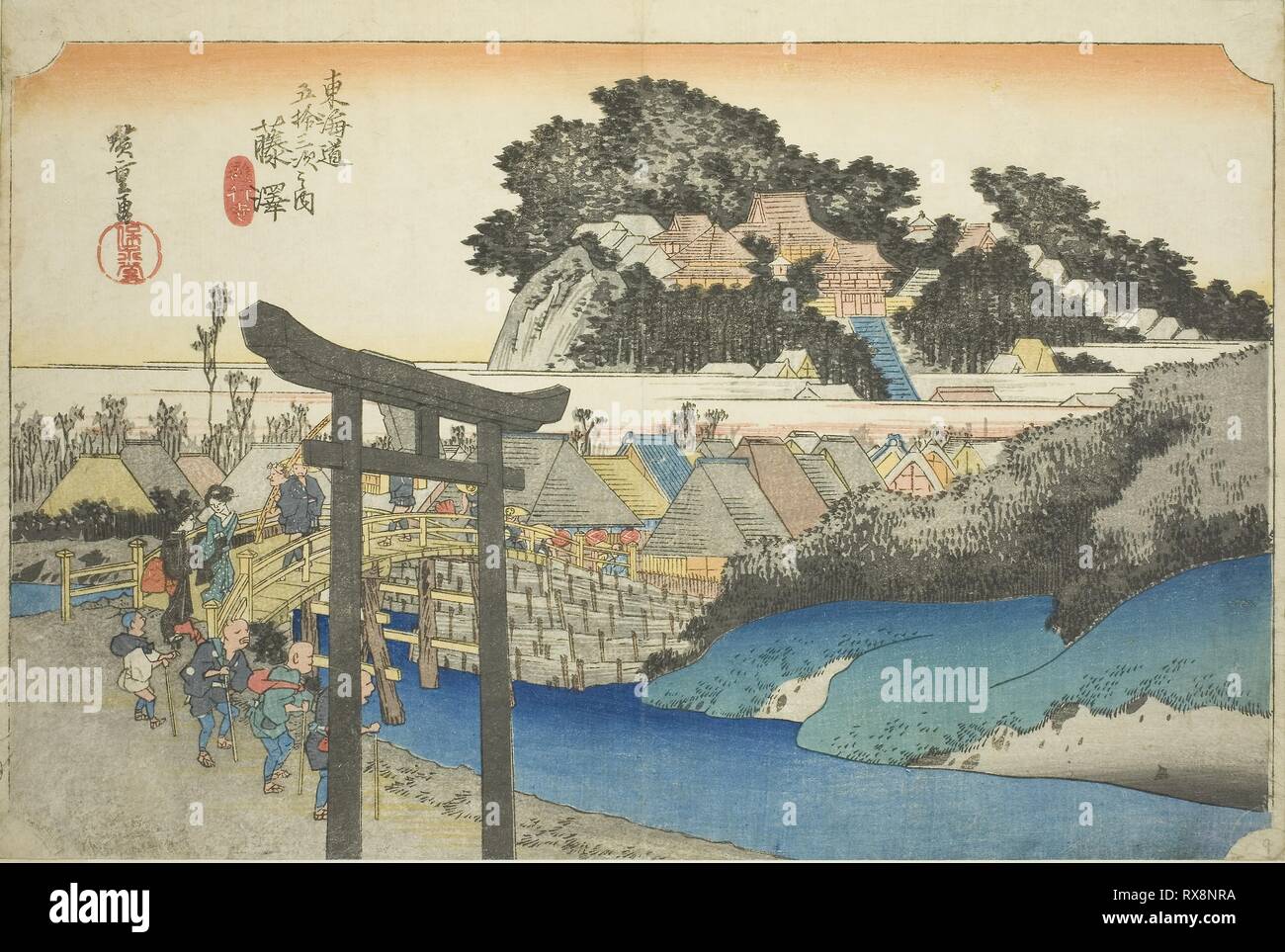 Japanese Woodblock Art Print Sacred Buddhist Religious Temple Shrine on River. 