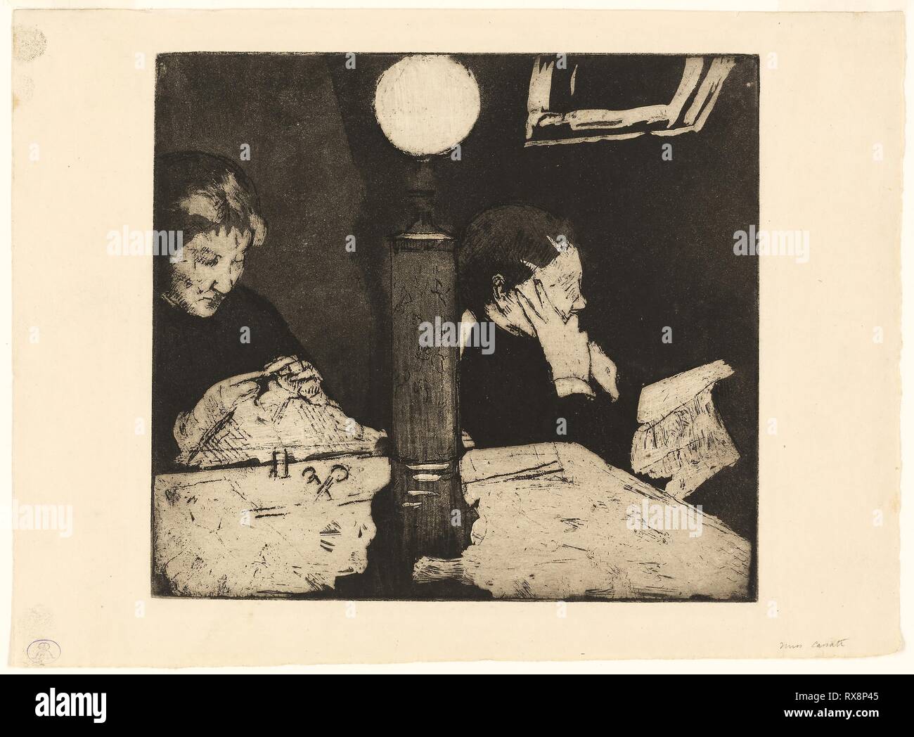 Under the Lamp. Mary Cassatt; American, 1844-1926. Date: 1882. Dimensions: 192 x 218 mm (image/plate); 237 x 321 mm (sheet). Soft ground etching and aquatint in black on cream wove paper. Origin: United States. Museum: The Chicago Art Institute. Stock Photo