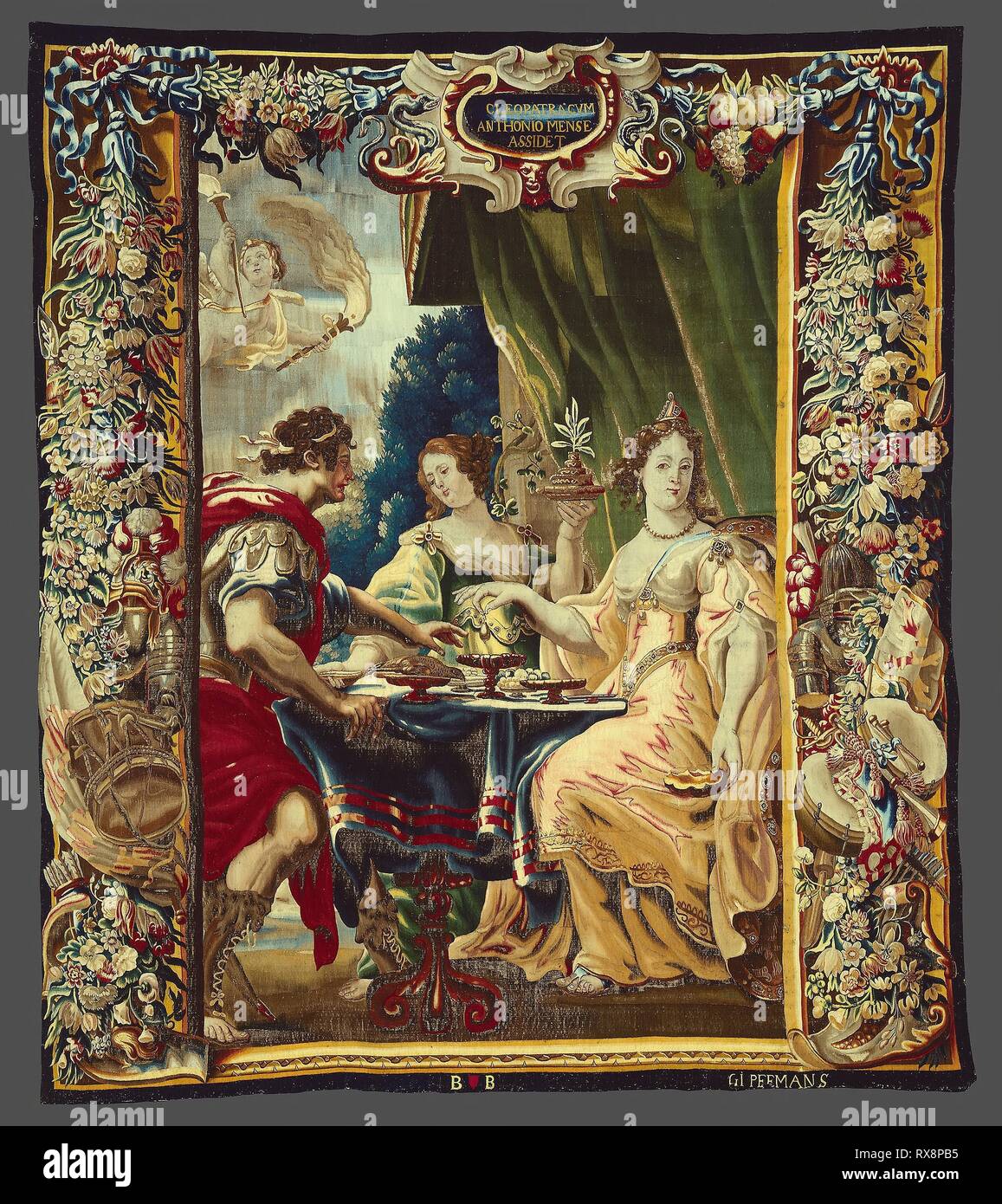Cleopatra and Antony Enjoying Supper, from The Story of Caesar and Cleopatra. After a design by Justus van Egmont (1601-1674); Woven at the workshop of Gerard Peemans (1637/39-1725); Flanders, Brussels. Date: 1670-1690. Dimensions: 321.9 × 362.0 cm (126 3/4 × 142 5/8 in.). Wool and silk, slit and double interlocking tapestry weave. Origin: Brussels. Museum: The Chicago Art Institute. Author: Geraert Peemans. Stock Photo