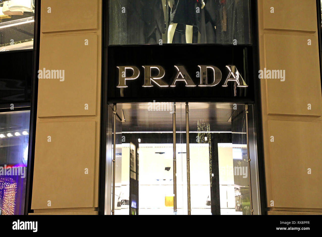 VIENNA, AUSTRIA - JANUARY 8, 2019: night view of  Prada store in Vienna, Austria Stock Photo