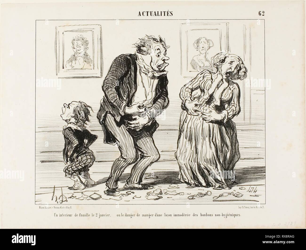 The Interior of a Family on January 2 - or the Danger of Consuming Immoderately Non-Hygienic Sweets, plate 62 from Actualités. Honoré Victorin Daumier; French, 1808-1879. Date: 1853. Dimensions: 214 × 265 mm (image); 262 × 352 mm (sheet). Lithograph in black on white wove paper. Origin: France. Museum: The Chicago Art Institute. Author: Honoré-Victorin Daumier. Stock Photo