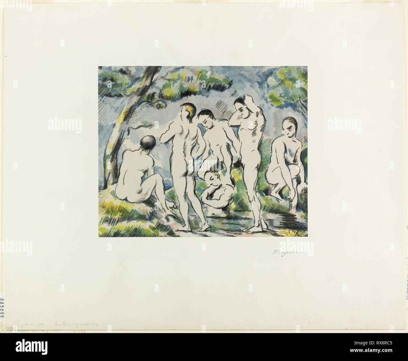 Bathers. Paul Cézanne; French, 1839-1906. Date: 1897. Dimensions: 221 × 269 mm (image/primary support); 420 × 513 mm (sheet). Color lithograph on ivory China paper, laid down on ivory wove card. Origin: France. Museum: The Chicago Art Institute. Stock Photo