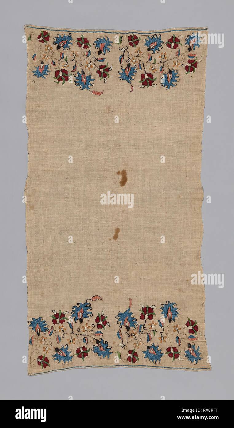 Towel/Napkin. Turkey. Date: 1601-1700. Dimensions: 92.5 x 48.8 cm (36 3/8 x 19 1/4 in.). Linen, plain weave; embroidered with silk in double running, twined double running and stem stitches; both selvages present. Origin: Turkey. Museum: The Chicago Art Institute. Stock Photo
