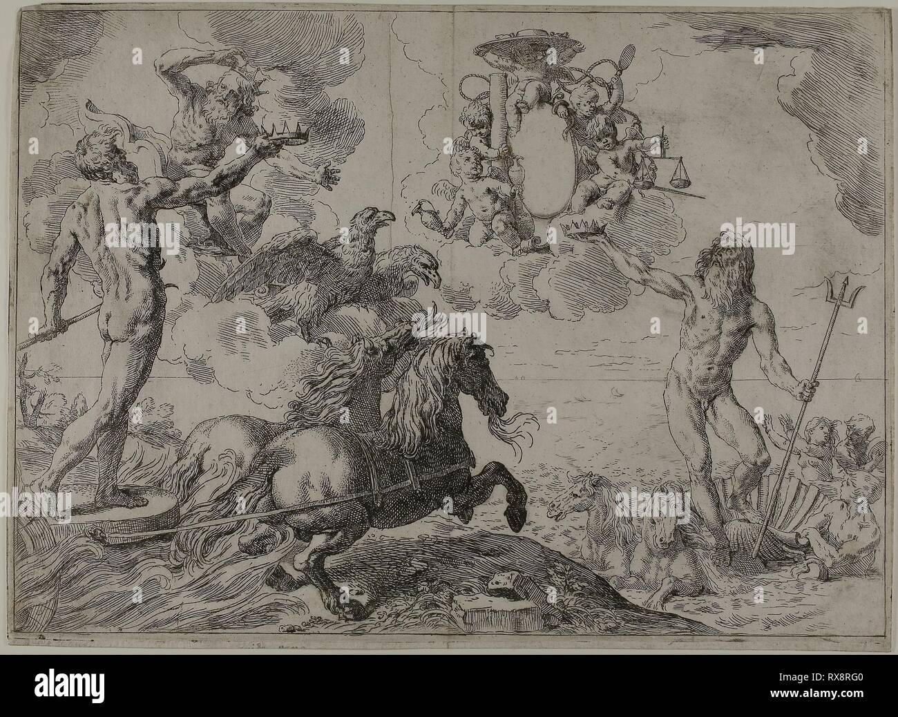 Jupiter, Neptune and Pluto Offering their Crowns to the Arms of Cardinal Borghese. Simone Cantarini; Italian, 1612-1648. Date: 1640-1645. Dimensions: 310 x 435 mm (image); 315 x 440 mm (plate); 320 x 440 mm (sheet). Etching on ivory laid paper. Origin: Italy. Museum: The Chicago Art Institute. Stock Photo
