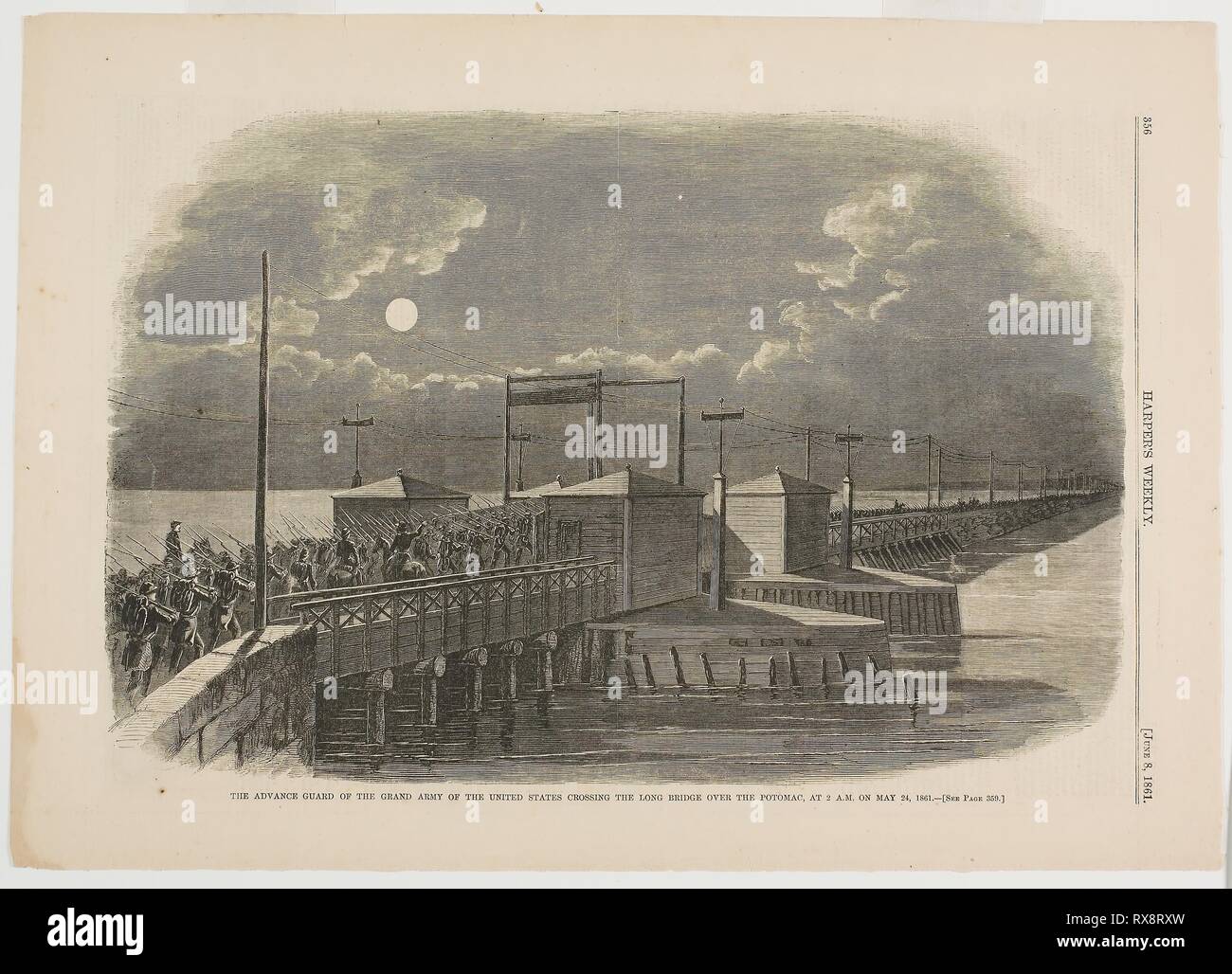 The Advance Guard of the Grand Army of the United States Crossing the Long Bridge over the Potomac at 2 A.M. on May 24, 1861. Winslow Homer (American, 1836-1910); published by Harper's Weekly (American, 1857-1916). Date: 1861. Dimensions: 232 x 352 mm (image); 295 x 407 mm (sheet). Wood engraving on paper. Origin: United States. Museum: The Chicago Art Institute. Stock Photo