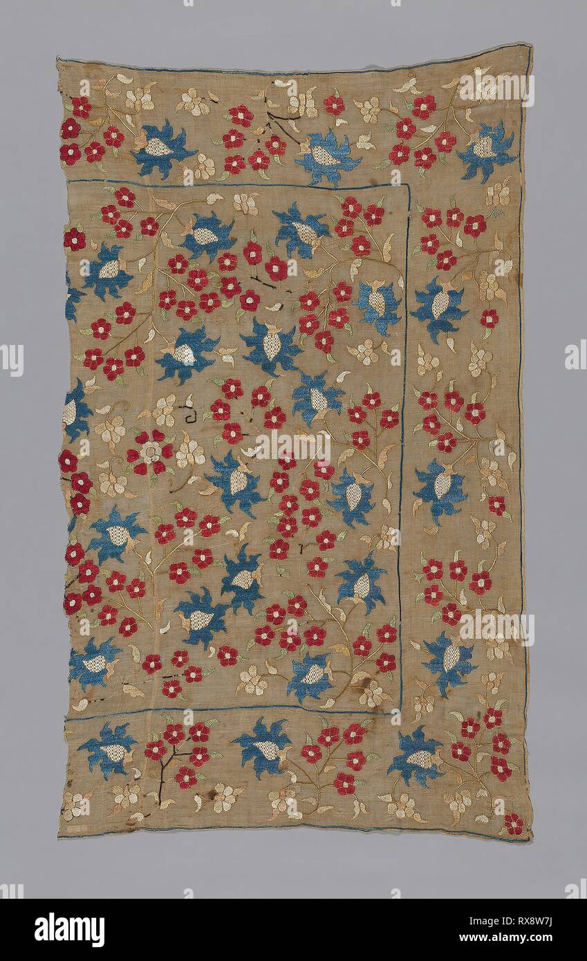 Fragment (Cover or Turban Cover). Turkey. Date: 1601-1700. Dimensions: 101.2 x 60.3 cm (39 3/4 x 23 3/4 in.). Linen, plain weave; embroidered with silk in darning, double running, twined double running, and stem stitches. Origin: Turkey. Museum: The Chicago Art Institute. Stock Photo