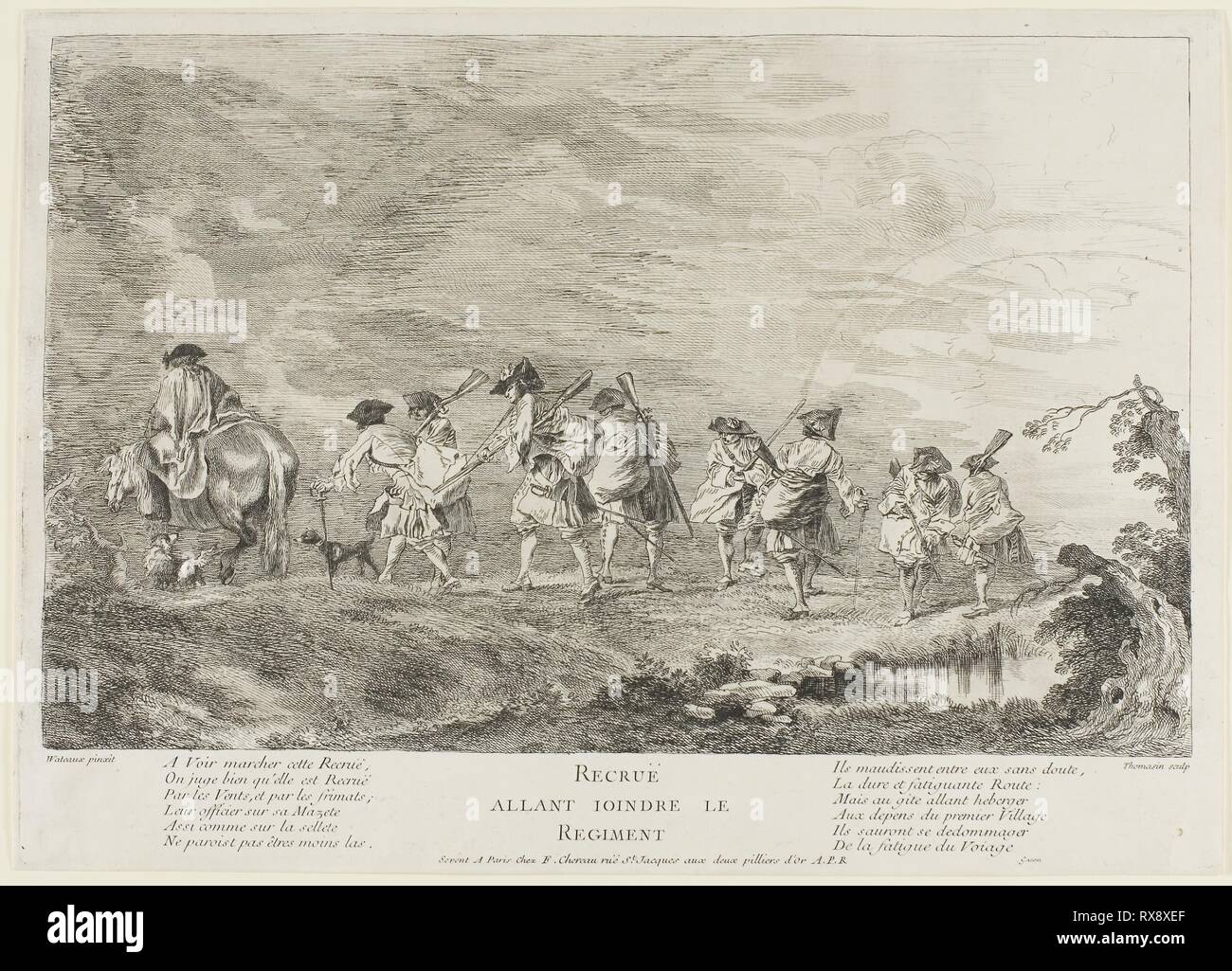 Recruits Going to Join the Regiment. Henri-Simon Thomassin (French, 1687-1741); after Antoine Watteau (French 1684-1721); published by François Chéreau (French 1680-1729). Date: 1717-1726. Dimensions: 208 × 334 mm (image); 248 × 349 mm (plate); 251 × 352 mm (sheet). Etching, with engraving on off-white laid paper. Origin: France. Museum: The Chicago Art Institute. Stock Photo