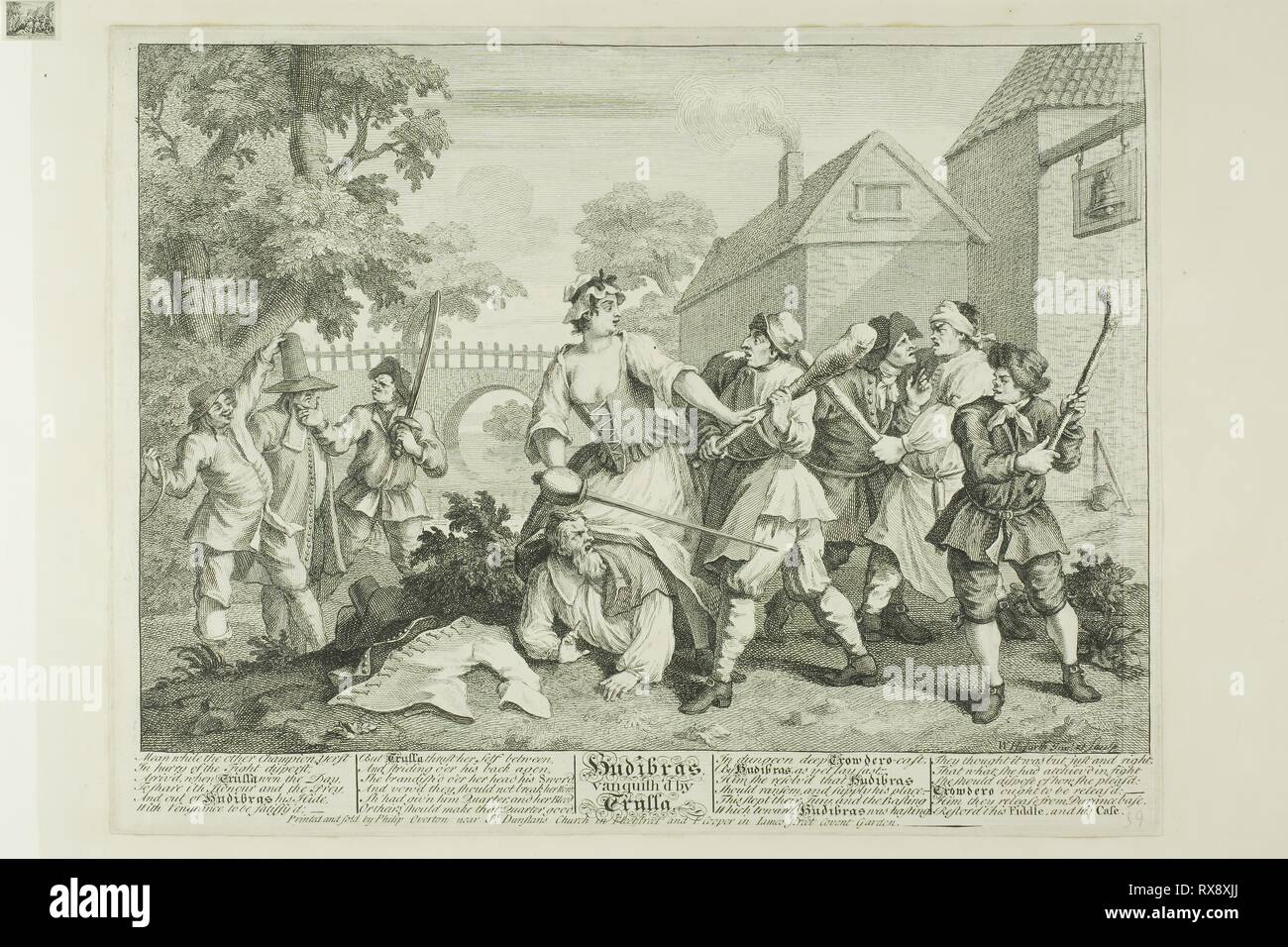 Hudibras Vanquished by Trulla, plate five from Hudibras. William Hogarth; English, 1697-1764. Date: 1725-1726. Dimensions: 235 × 335 mm (image); 266 × 346 mm (plate); 270 × 349 mm (primary support); 369 × 472 mm (secondary support). Etching and engraving in black on cream paper edge mounted on cream wove paper. Origin: England. Museum: The Chicago Art Institute. Stock Photo