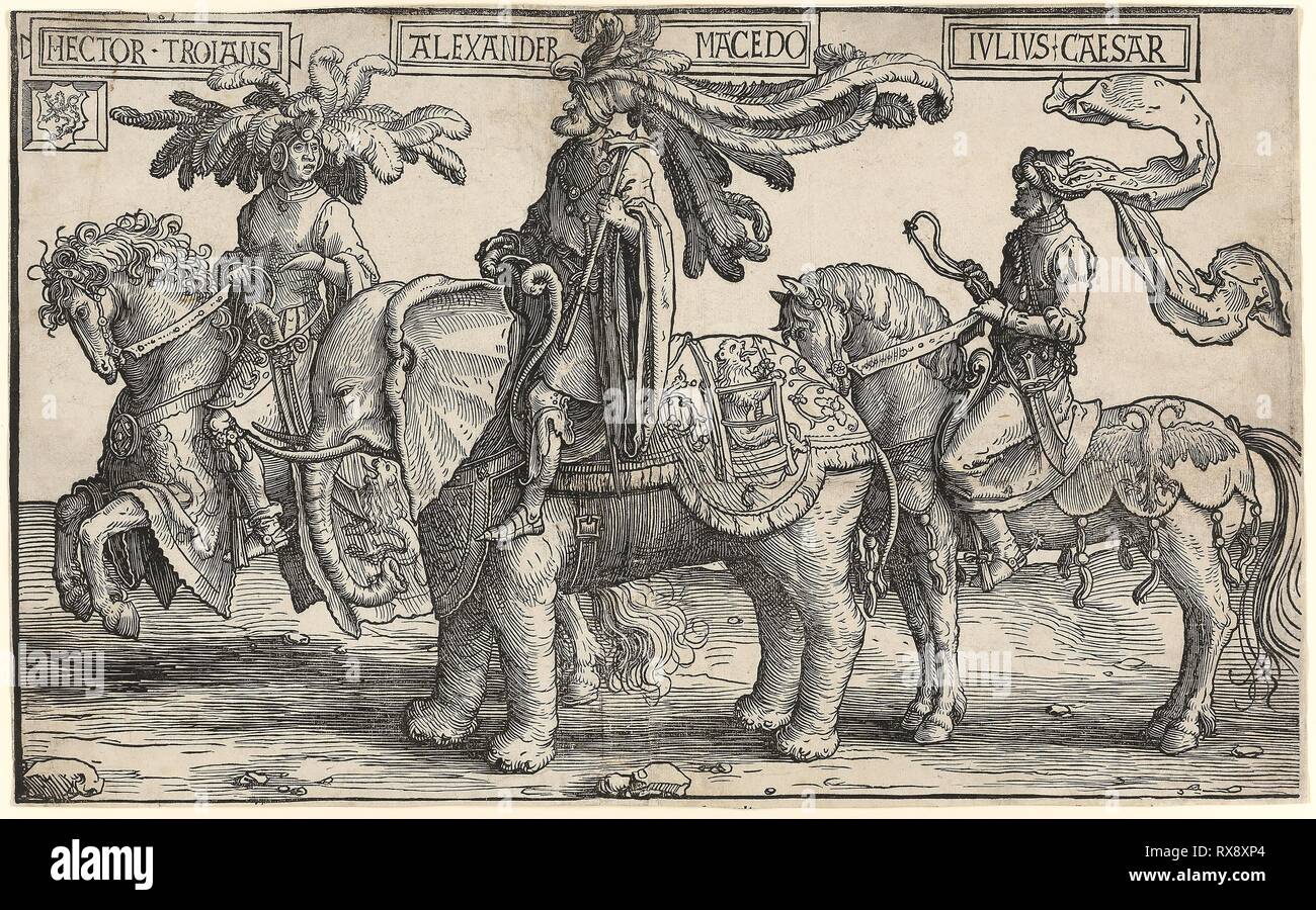 Hector of Troy, Alexander of Macedon, Julius Caesar, from The Nine Heroes. Lucas van Leyden; Netherlandish, c. 1494-1533. Date: 1515-1525. Dimensions: 315 x 512 mm (sheets). Woodcut in black on two sheets of laid paper joined vertically in the center. Origin: Netherlands. Museum: The Chicago Art Institute. Stock Photo