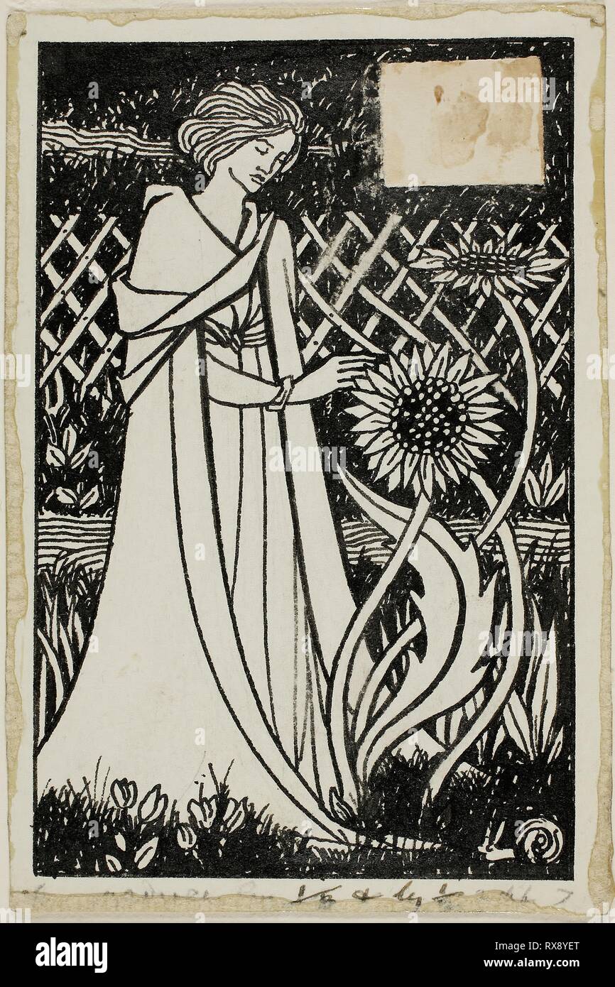 Decorative Study: Woman with Sunflowers. Attributed to Aubrey Vincent Beardsley; English, 1872-1898. Date: 1892-1898. Dimensions: 128 × 85 mm. Pen and black ink, with brush and black wash, over traces of graphite, on ivory wove paper. Origin: England. Museum: The Chicago Art Institute. Stock Photo